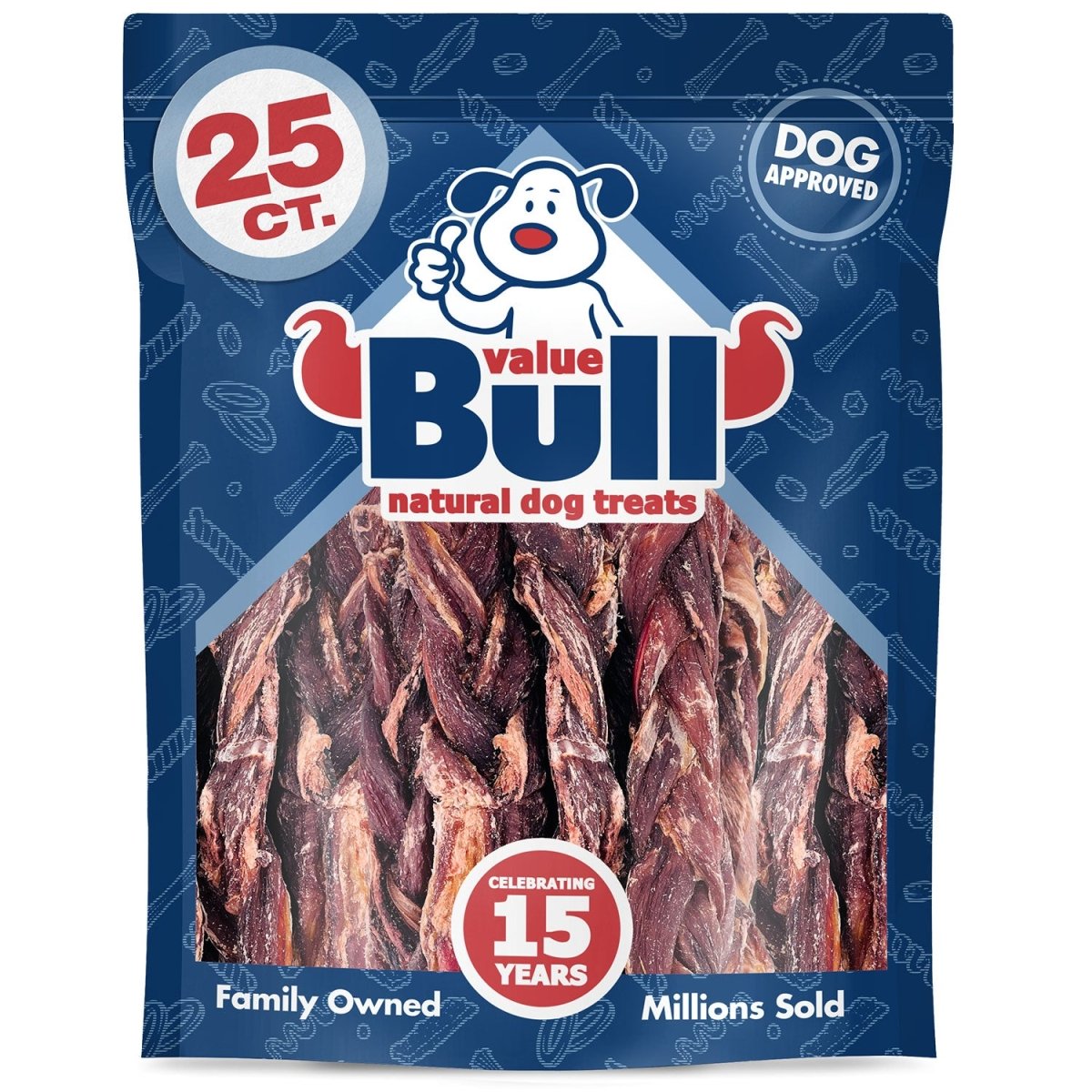 ValueBull Beef Jerky Gullet Braids, Premium Dog Chews, Thick 6 Inch, 25 Count - ValuePetSupplies