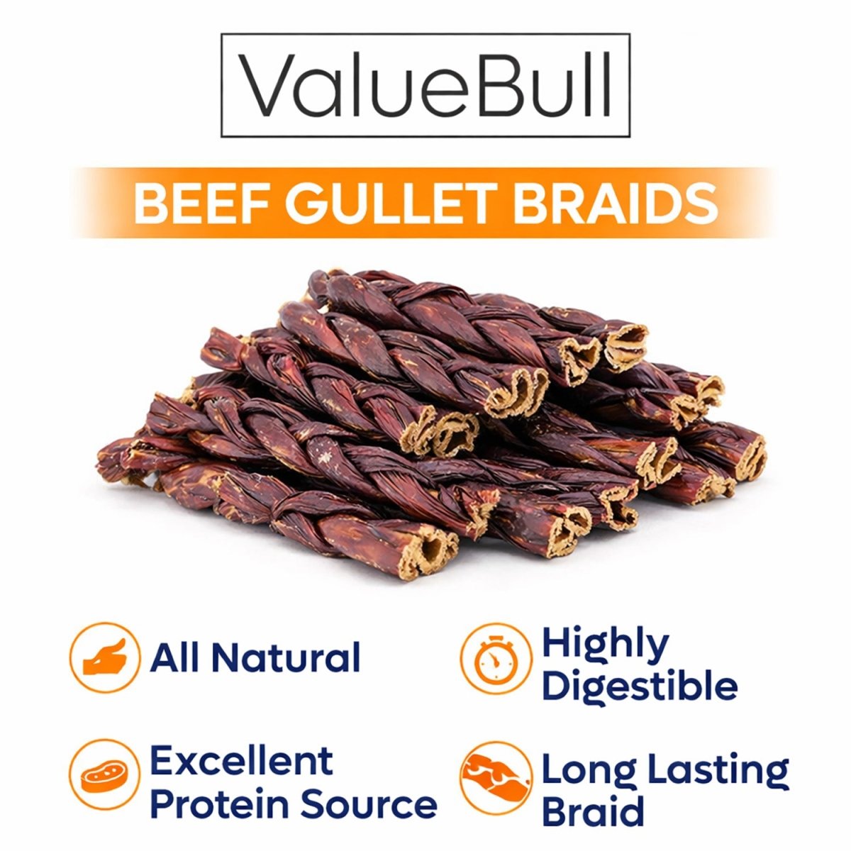 ValueBull Beef Jerky Gullet Braids, Premium Dog Chews, Thick 6 Inch, 50 Count Bulk Pack - ValuePetSupplies