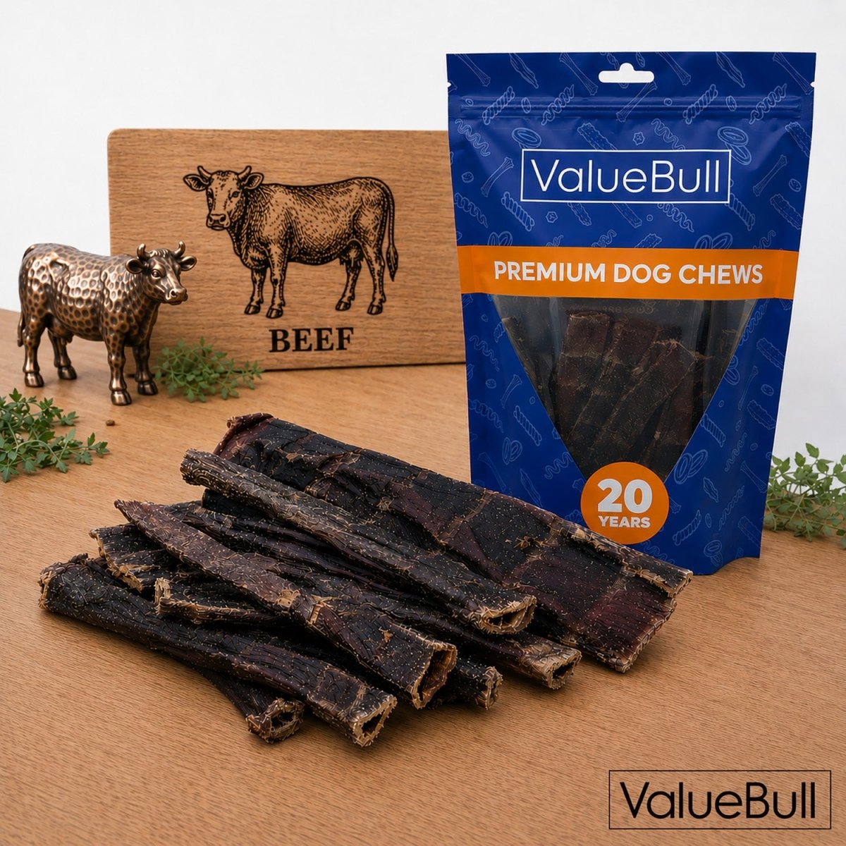 ValueBull USA Beef Jerky Gullet Flats, Premium Dog Chews, 6 Inch, 120 Count - 120