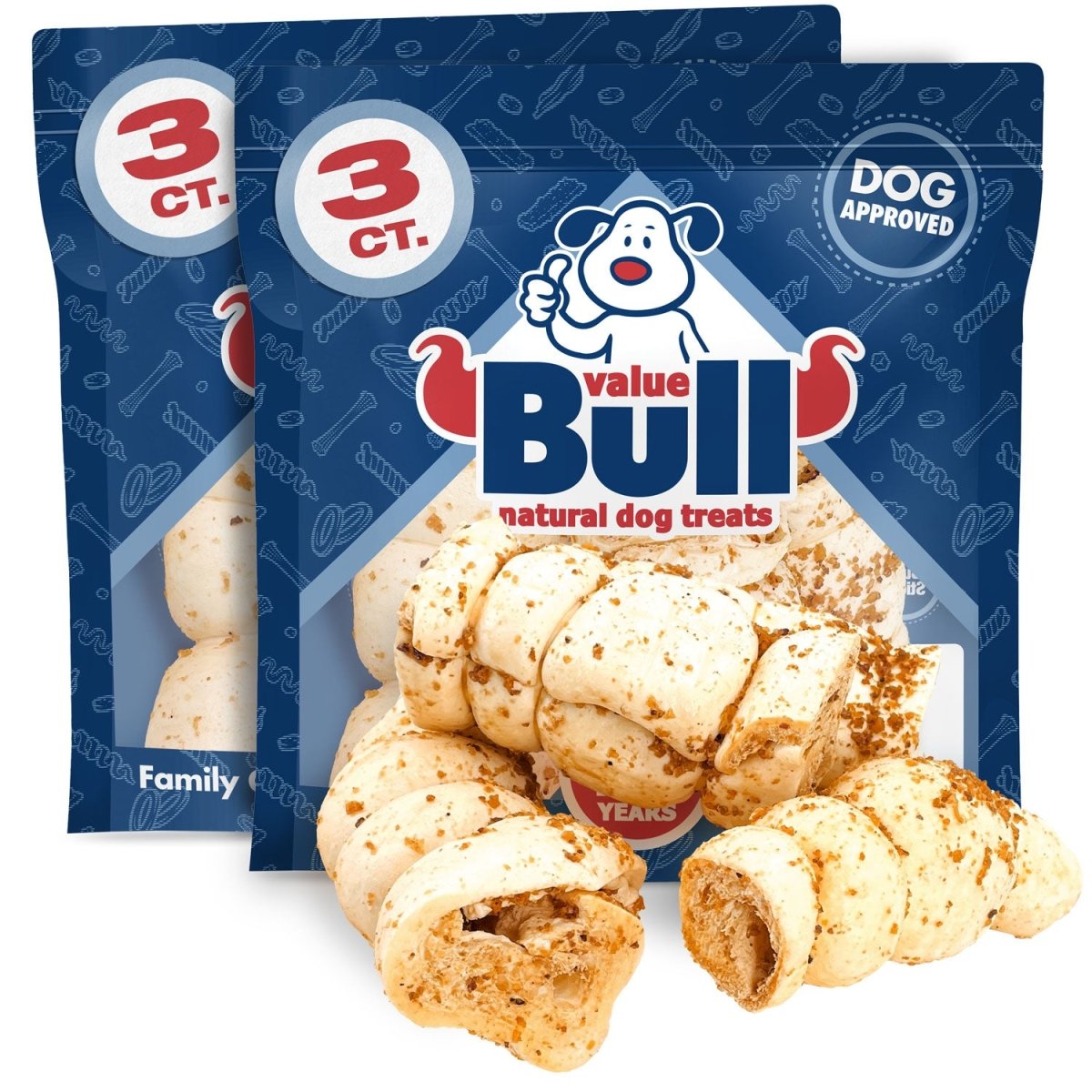 ValueBull Beef Cheek Rolls, Long Lasting Dog Chews, Bully Dusted, 4 - 6 Inch, 6 Count - ValuePetSupplies