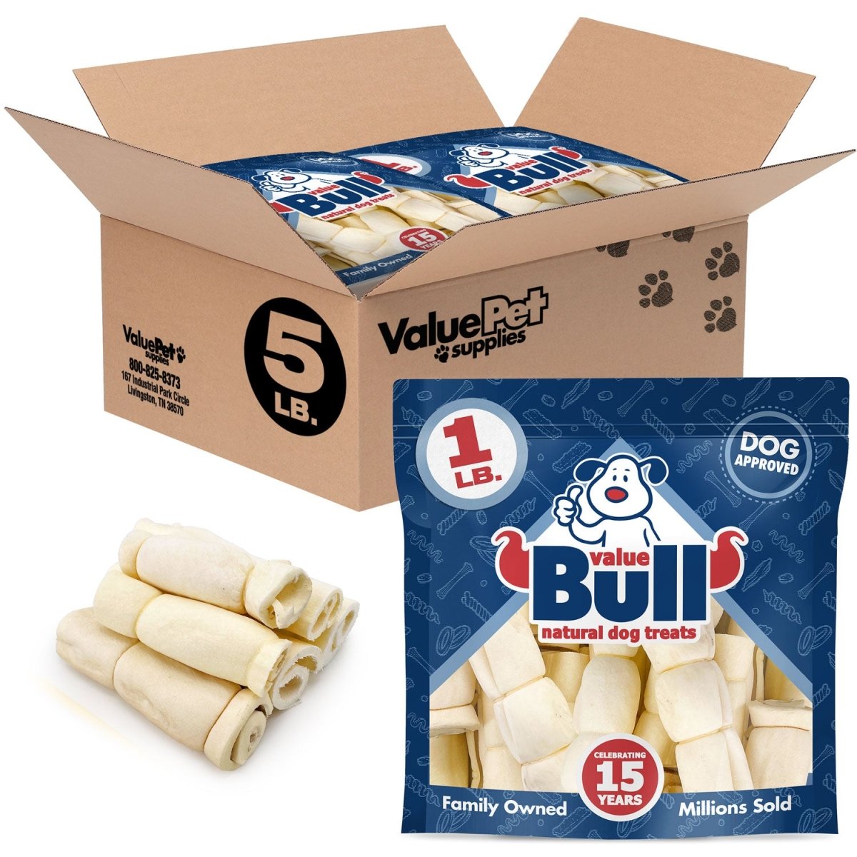 ValueBull Beef Cheek Rolls, Long Lasting Dog Chews, Varied Shapes, 6 Inch, 5 Pounds - ValuePetSupplies