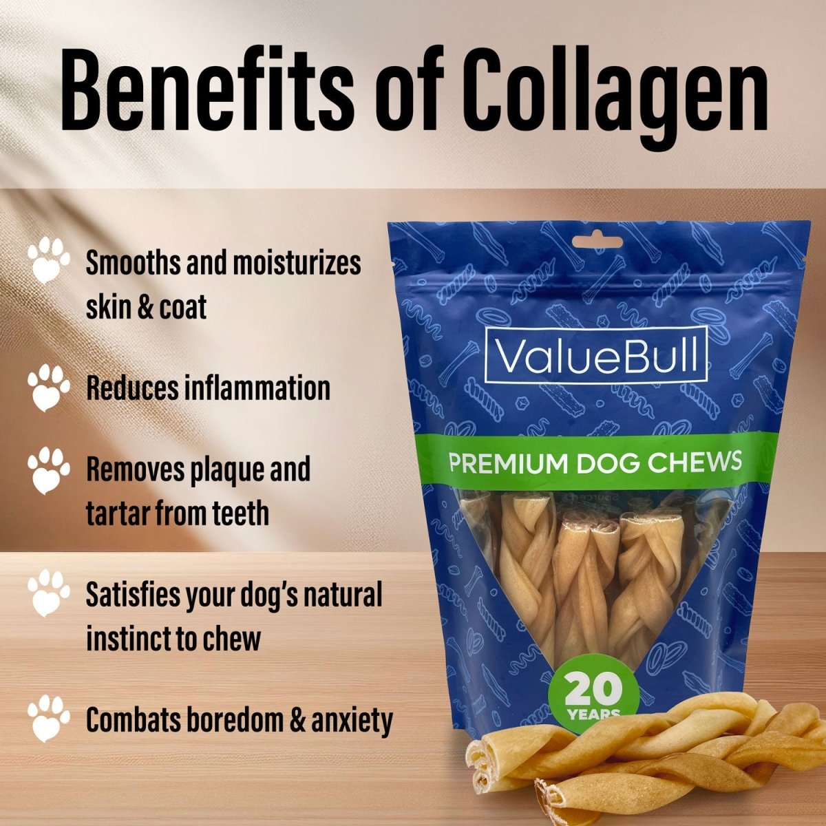ValueBull Buffalo Collagen Braided Sticks for Large Dogs, 6 Inch Thick Chews, Natural Long - Lasting Dog Treats, 200 Count Wholesale Pack - ValuePetSupplies