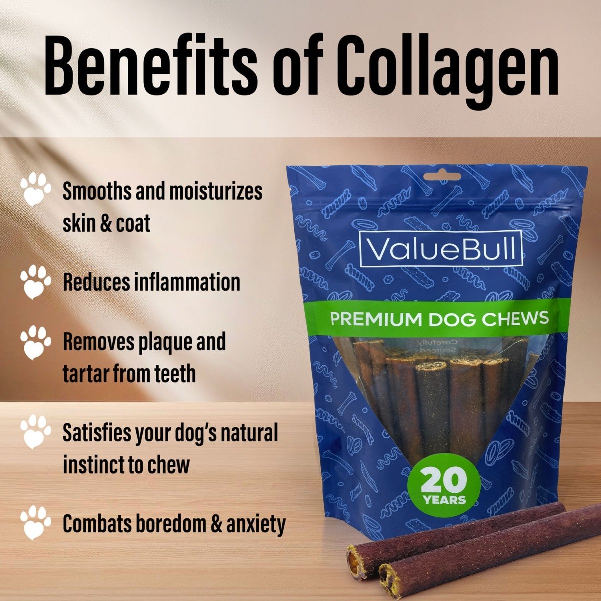 ValueBull Collagen Sticks For Dogs, Bully Sticks & Rawhide Alternative, Thick 6 Inch, 100 Count BULK PACK - ValuePetSupplies