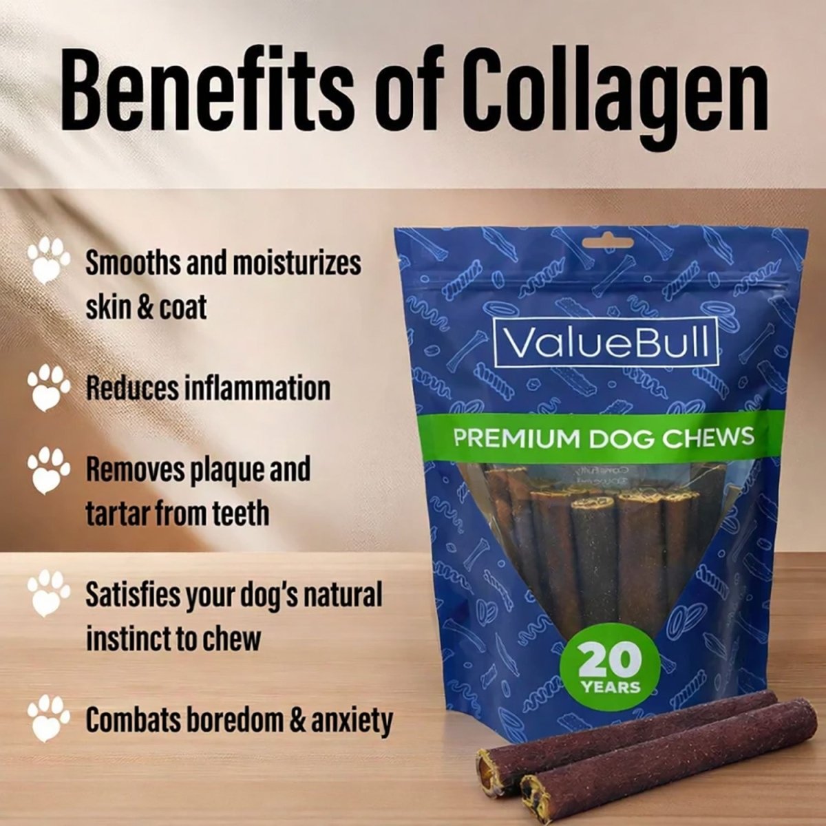 ValueBull Buffalo Collagen Sticks for Dogs, 6 Inch Thin Chews, 200 Count Bulk Pack - ValuePetSupplies