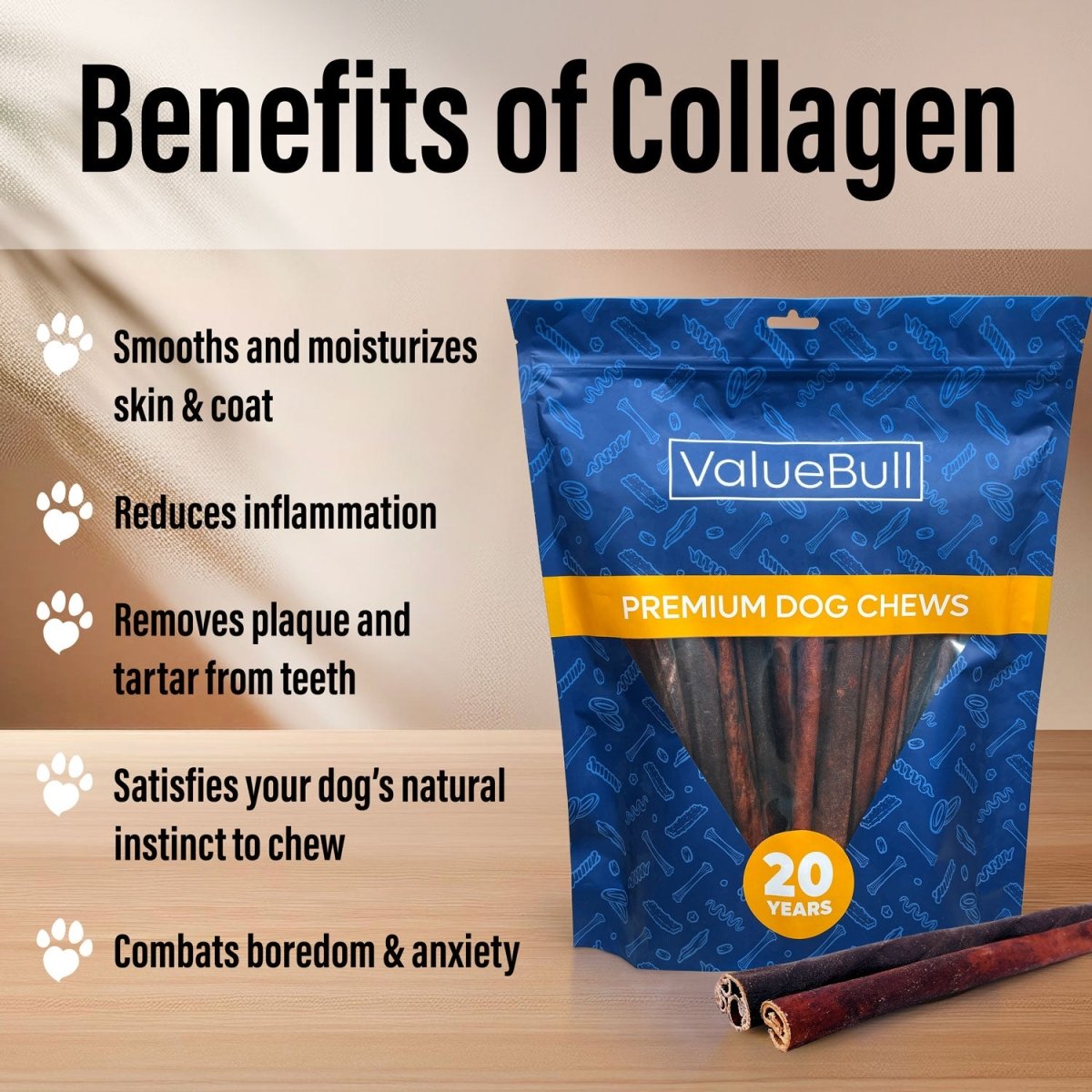 ValueBull Collagen Sticks For Dogs, Bully Sticks & Rawhide Alternative, Thick 12 Inch, 25 Count - ValuePetSupplies