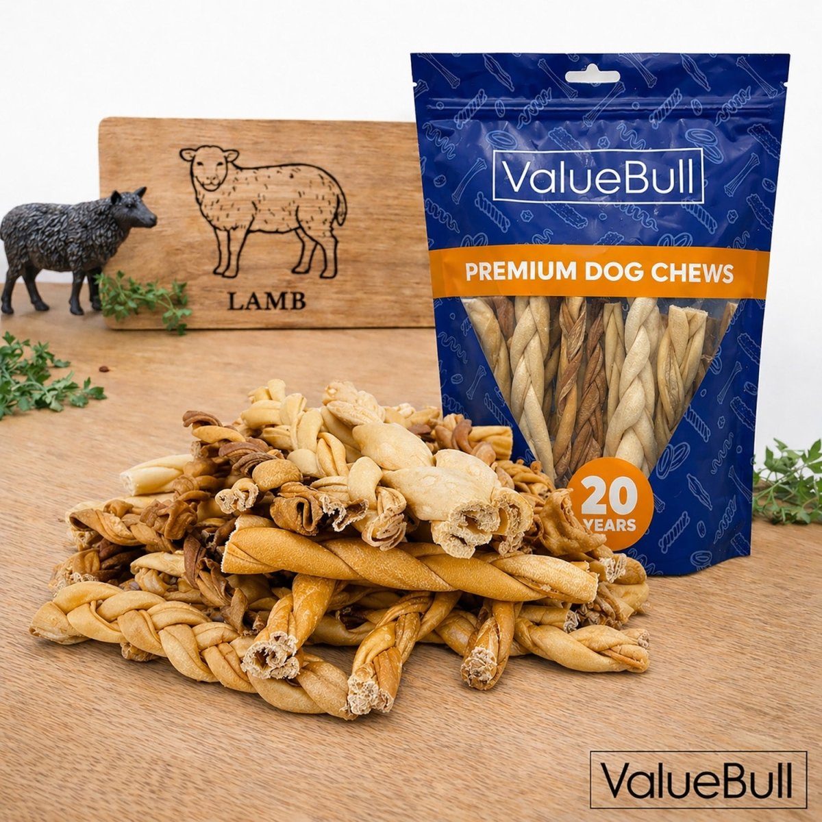 ValueBull Lamb Collagen Braids for Dogs, Varied Sizes & Shapes, 800 Count Wholesale Pack