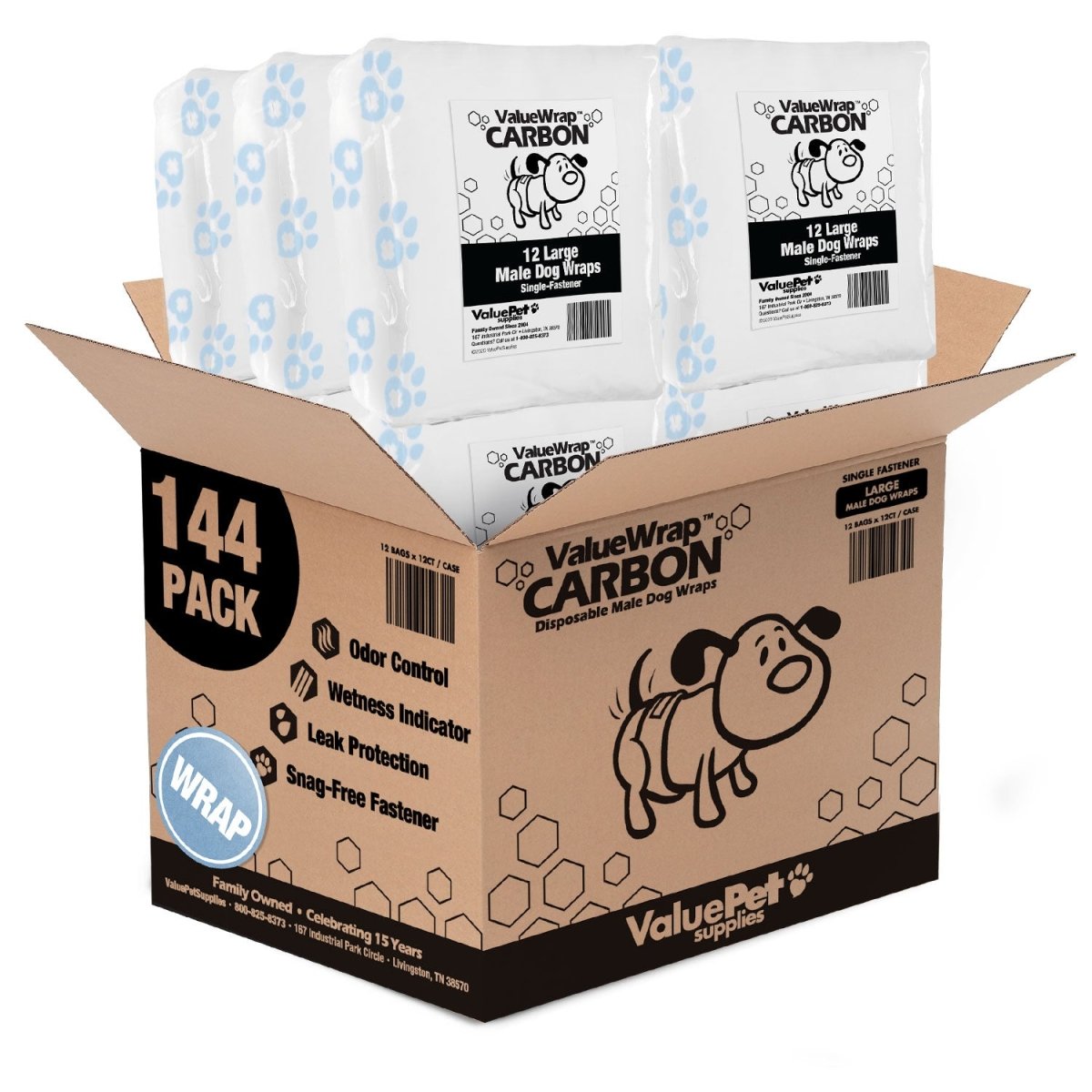 ValueWrap Male Wraps, Disposable Dog Diapers, Carbon, 1 - Tab Large, 144 Count - ValuePetSupplies