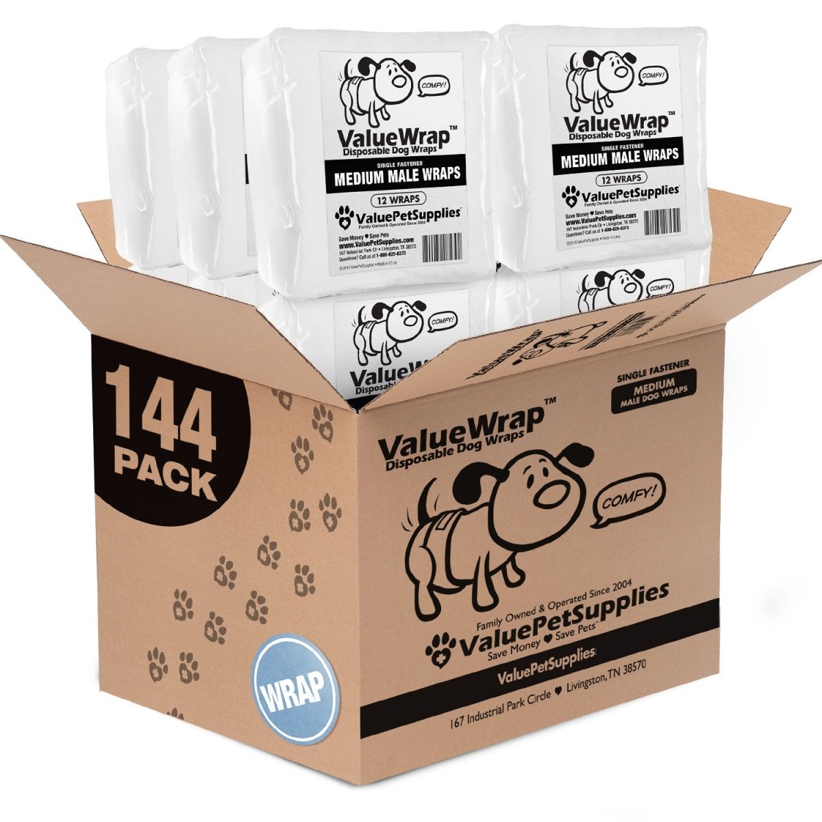 ValueWrap Male Wraps, Disposable Dog Diapers, 1 - Tab Medium, 144 Count - ValuePetSupplies