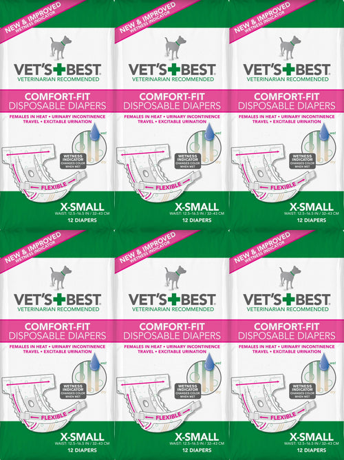 Vet's Best Diapers with Tail-Hole for Female Dogs, Comfort-Fit Disposable, X-Small, 12 Count, 6 Pack