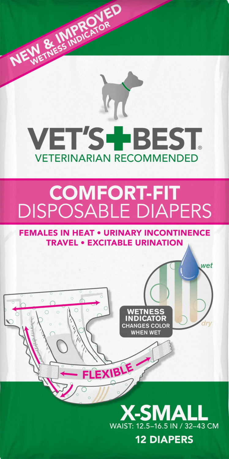Vet's Best Diapers with Tail-Hole for Female Dogs, Comfort-Fit Disposable, X-Small, 12 Count