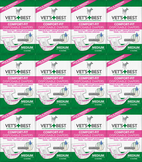 Vet's Best Diapers with Tail-Hole for Female Dogs, Comfort-Fit Disposable, Medium, 12 Count, 12 Pack