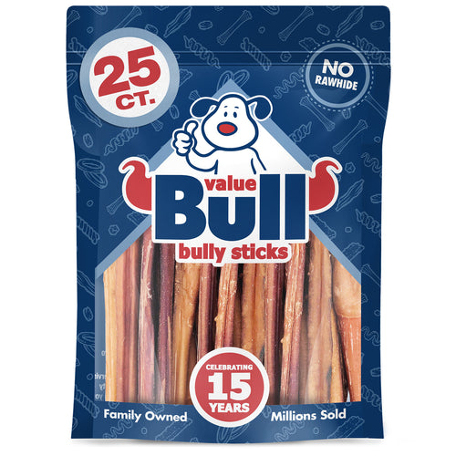 ValueBull Bully Sticks, Low Odor Premium Dog Chews, Medium 6", 25 ct