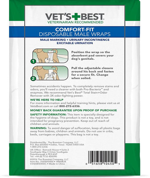 Vet's Best Male Wraps for Dogs, Comfort-Fit Disposable, Medium, 12 Count, 3 Pack
