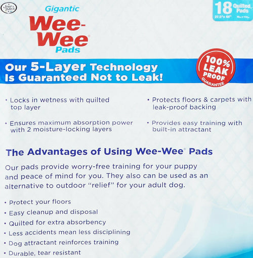 Four Paws Wee Wee Pads, Gigantic 27.5x44 Inch, 18 Count, 4 Pack