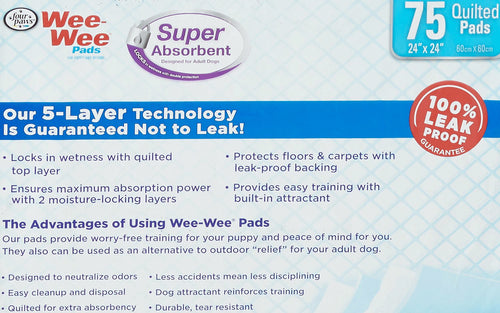 Four Paws Wee Wee Pads, 24x24 Inch, Super Absorbent, 75 Count