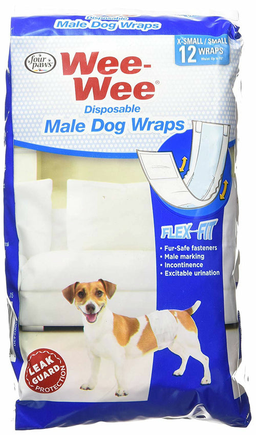 Four Paws Wee-Wee Male Dog Wraps, Disposable, X-Small/Small 12 Count, 4 Pack