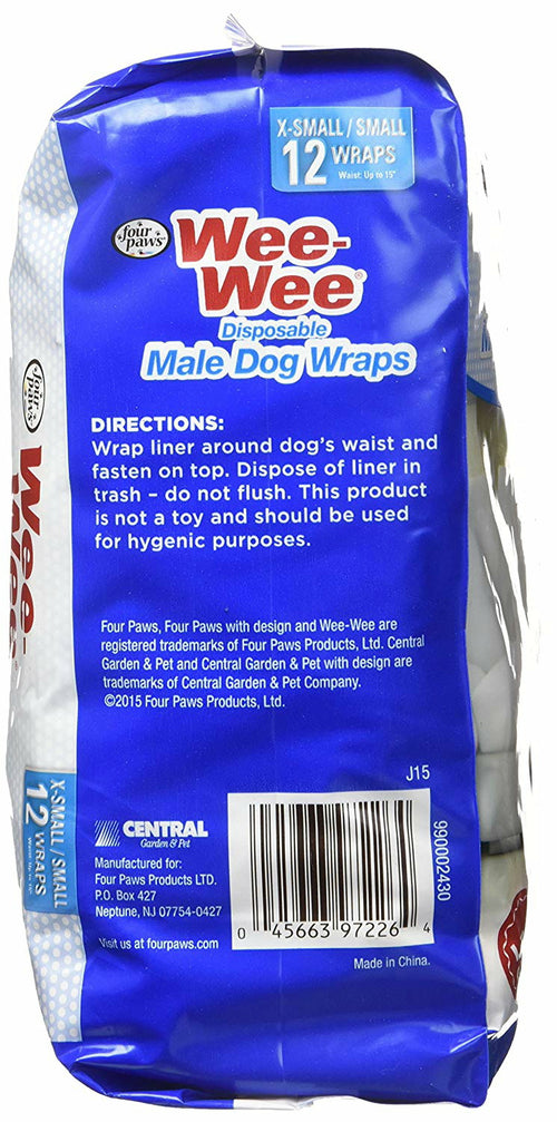 Four Paws Wee-Wee Male Dog Wraps, Disposable, X-Small/Small 12 Count, 24 Pack