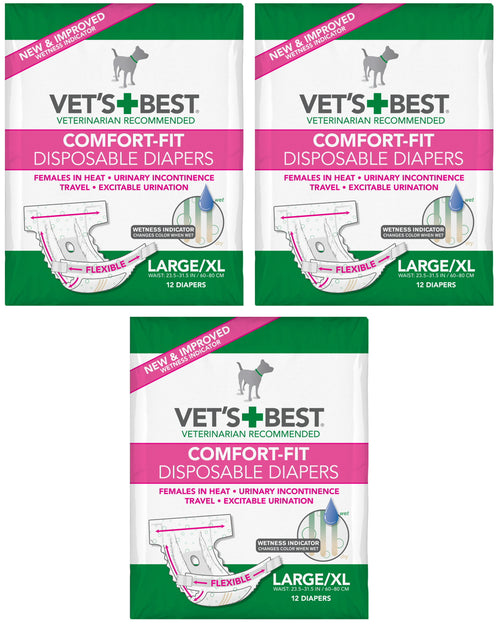 Vet's Best Diapers with Tail-Hole for Female Dogs, Comfort-Fit Disposable, Large/X-Large, 12 Count, 3 Pack