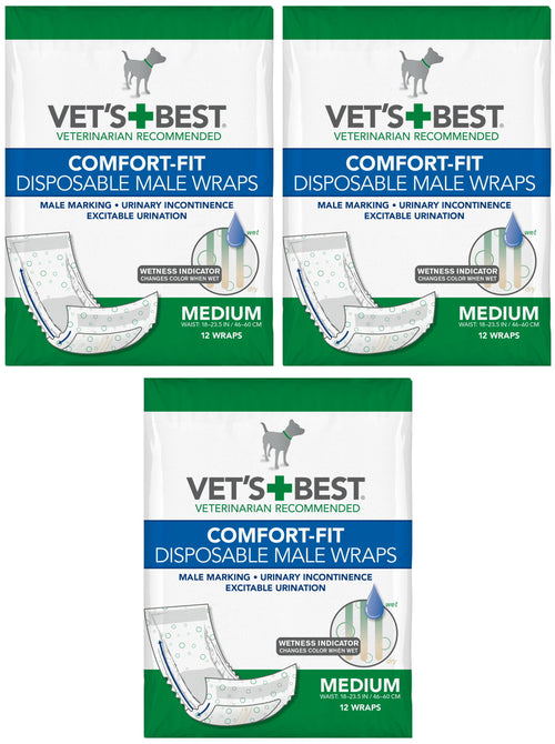 Vet's Best Male Wraps for Dogs, Comfort-Fit Disposable, Medium, 12 Count, 3 Pack