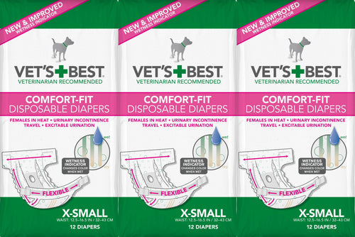 Vet's Best Diapers with Tail-Hole for Female Dogs, Comfort-Fit Disposable, X-Small, 12 Count, 3 Pack