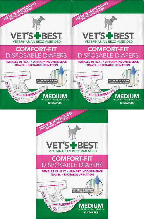 Vet's Best Diapers with Tail-Hole for Female Dogs, Comfort-Fit Disposable, Medium, 12 Count, 3 Pack