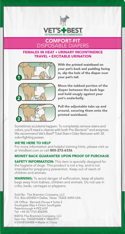 Vet's Best Diapers with Tail-Hole for Female Dogs, Comfort-Fit Disposable, Large/X-Large, 12 Count, 12 Pack