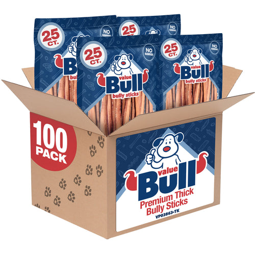 ValueBull Bully Sticks, Low Odor Premium Dog Chews, Thick 12", 100 ct