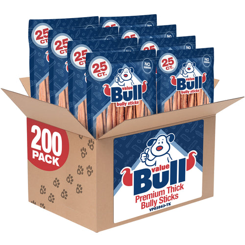 ValueBull Bully Sticks, Low Odor Premium Dog Chews, Thick 12", 200 ct