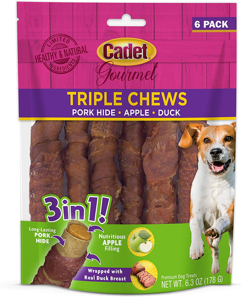 Cadet Gourmet Triple Chews Pork, Apple & Duck Dog Treats, 6 Count, 24 Pack