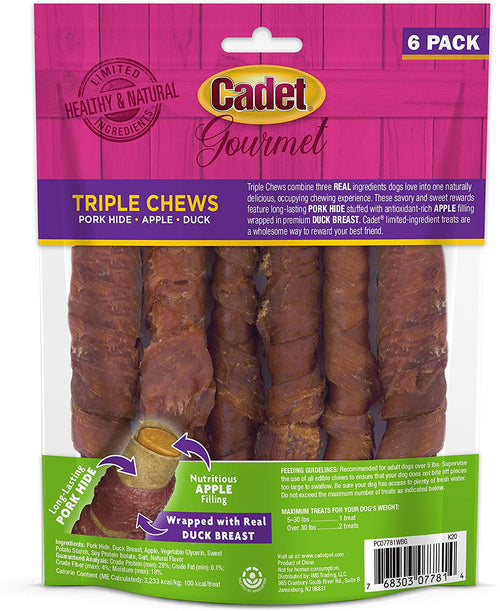 Cadet Gourmet Triple Chews Pork, Apple & Duck Dog Treats, 6 Count, 6 Pack