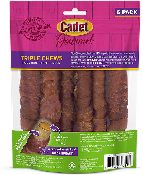 Cadet Gourmet Triple Chews Pork, Apple & Duck Dog Treats, 6 Count