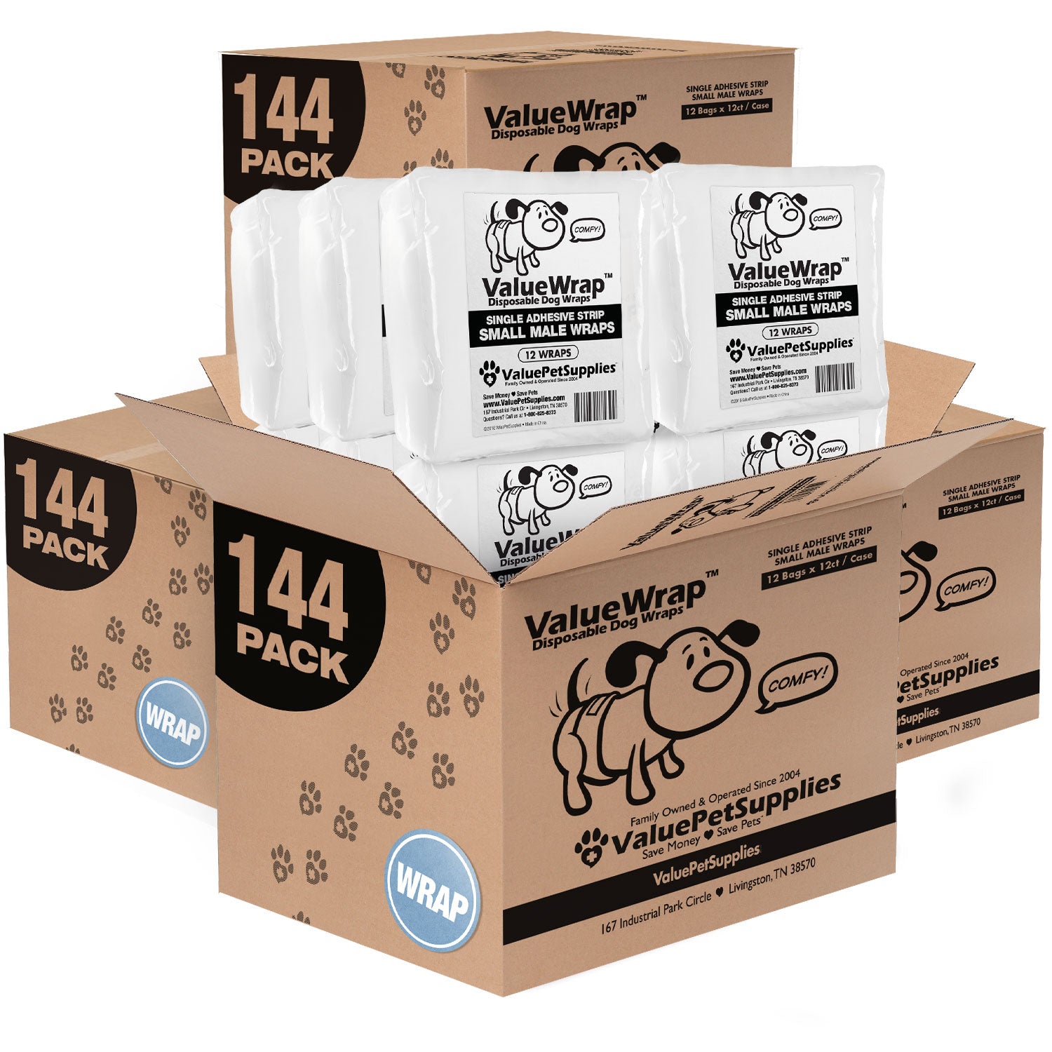 ValueWrap Male Wraps, Disposable Dog Diapers, 1-Tab Small, 576 Count WHOLESALE PACK