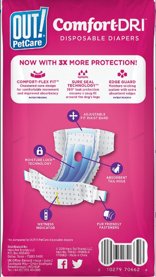 OUT! Disposable Diapers for Dogs, X-Small/Small, 16 Count, 8 Pack