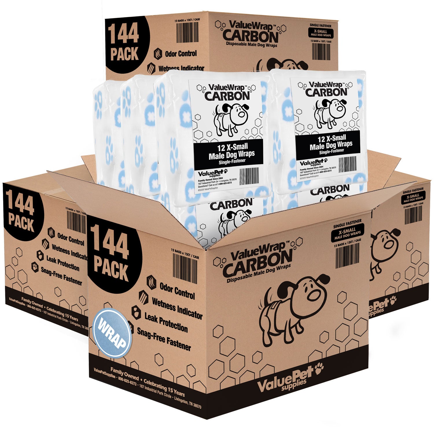 ValueWrap Male Wraps, Disposable Dog Diapers, Carbon, 1-Tab Extra Small, 576 Count WHOLESALE PACK