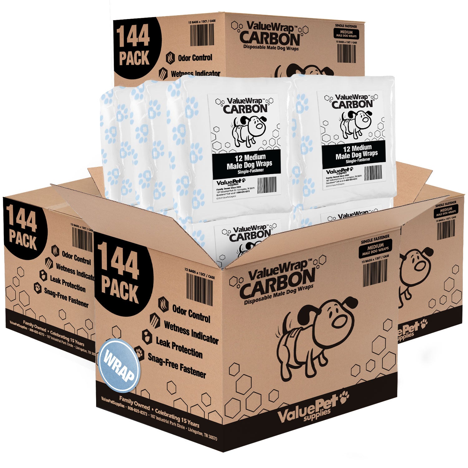 ValueWrap Male Wraps, Disposable Dog Diapers, Carbon, 1-Tab Medium, 576 Count WHOLESALE PACK