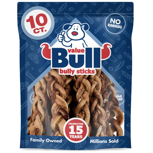 ValueBull USA Braided Bully Sticks, Thick 12 Inch, Odor Free, 10 Count