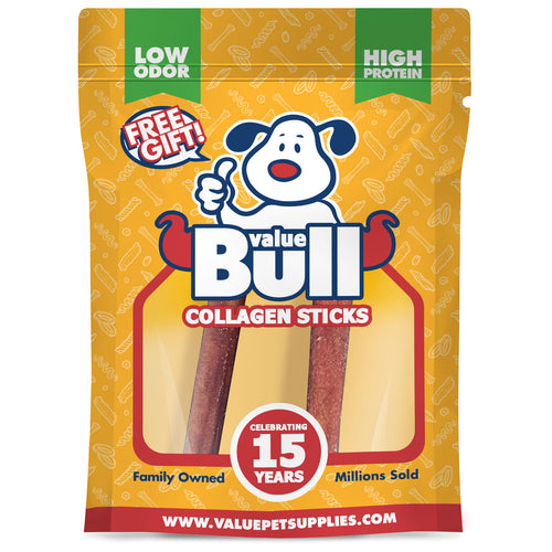 FREE GIFT- ValueBull USA Beef Collagen Sticks For Dogs, Lightly Smoked, Thick 6 Inch, 2 Count