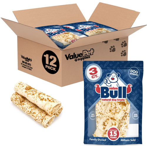 NEW- ValueBull Cheek Rolls, Premium Beef Dog Chews, Bully Dusted, 10-12 Inch, 12 Count