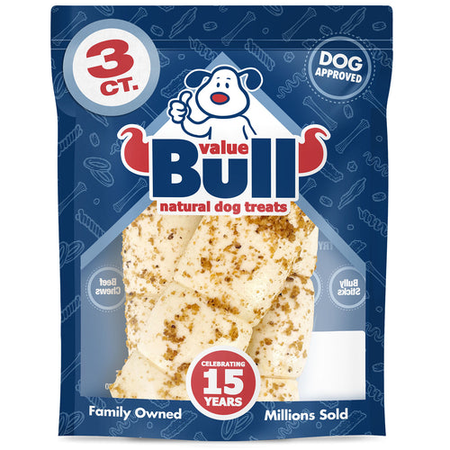 NEW- ValueBull Cheek Rolls, Premium Beef Dog Chews, Bully Dusted, 10-12 Inch, 3 Count