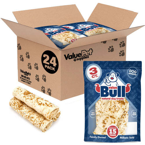 NEW- ValueBull Cheek Rolls, Premium Beef Dog Chews, Bully Dusted, 10-12 Inch, 24 Count